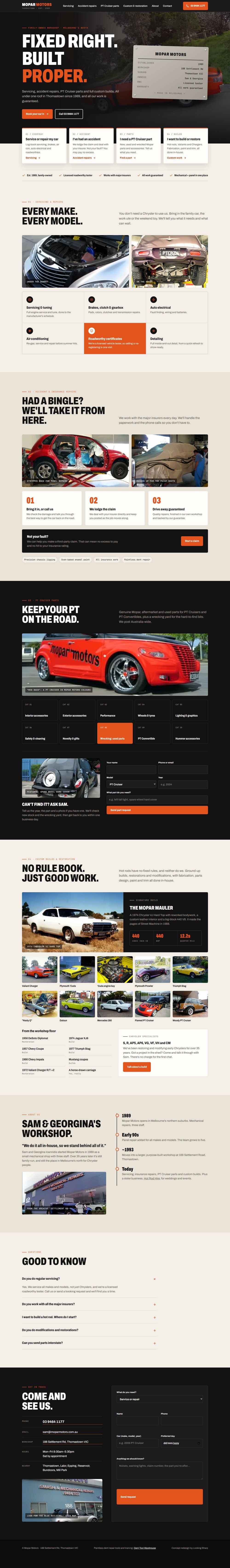 The whole redesigned Mopar Motors home page: the headline 'Fixed right. Built proper.' over an orange Valiant Charger, then servicing, accident repairs, PT Cruiser parts, custom builds, the workshop's story, questions and answers, and a contact form.