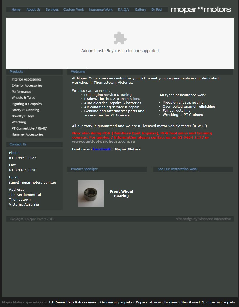 The old Mopar Motors home page: a grey layout with a blank box saying 'Adobe Flash Player is no longer supported', a long list of PT Cruiser accessories, and a fax number.